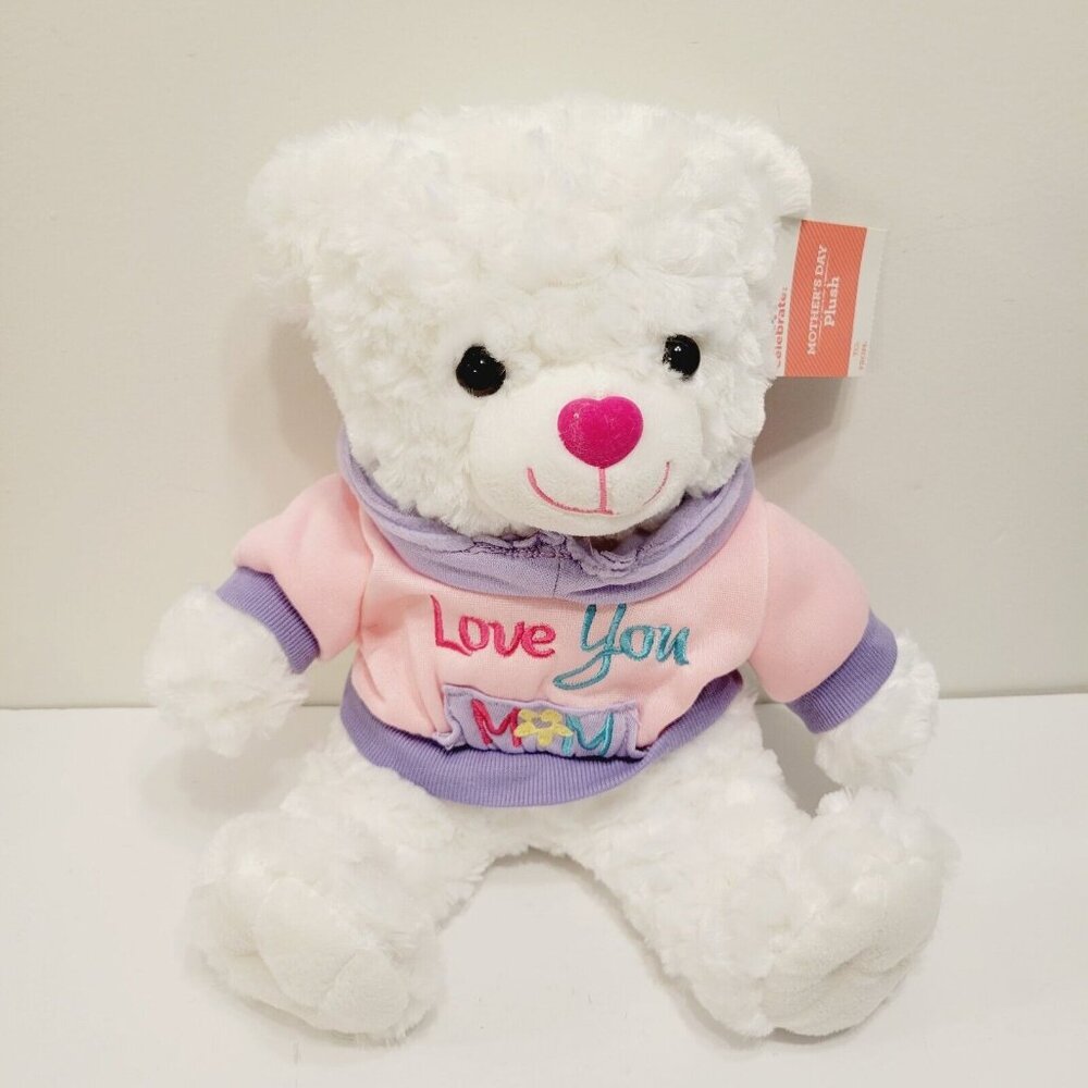 Love You Mom Teddy Bear Plush With Pink & Purple Hoodie Toy Gift